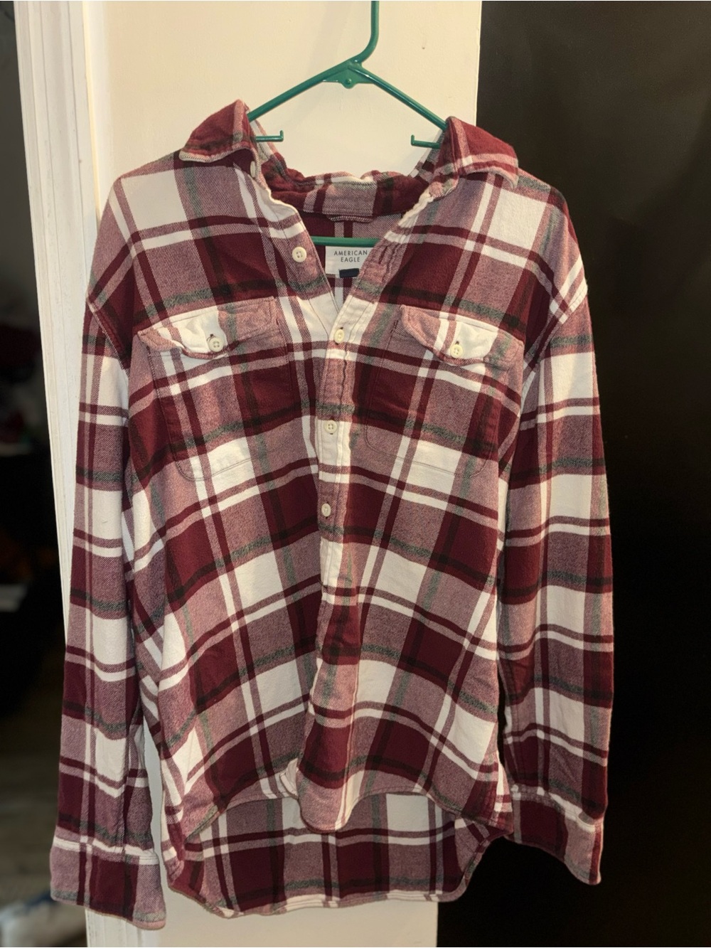 American Eagle Outfitters Burgundy and White Plaid Button-Down Shirt